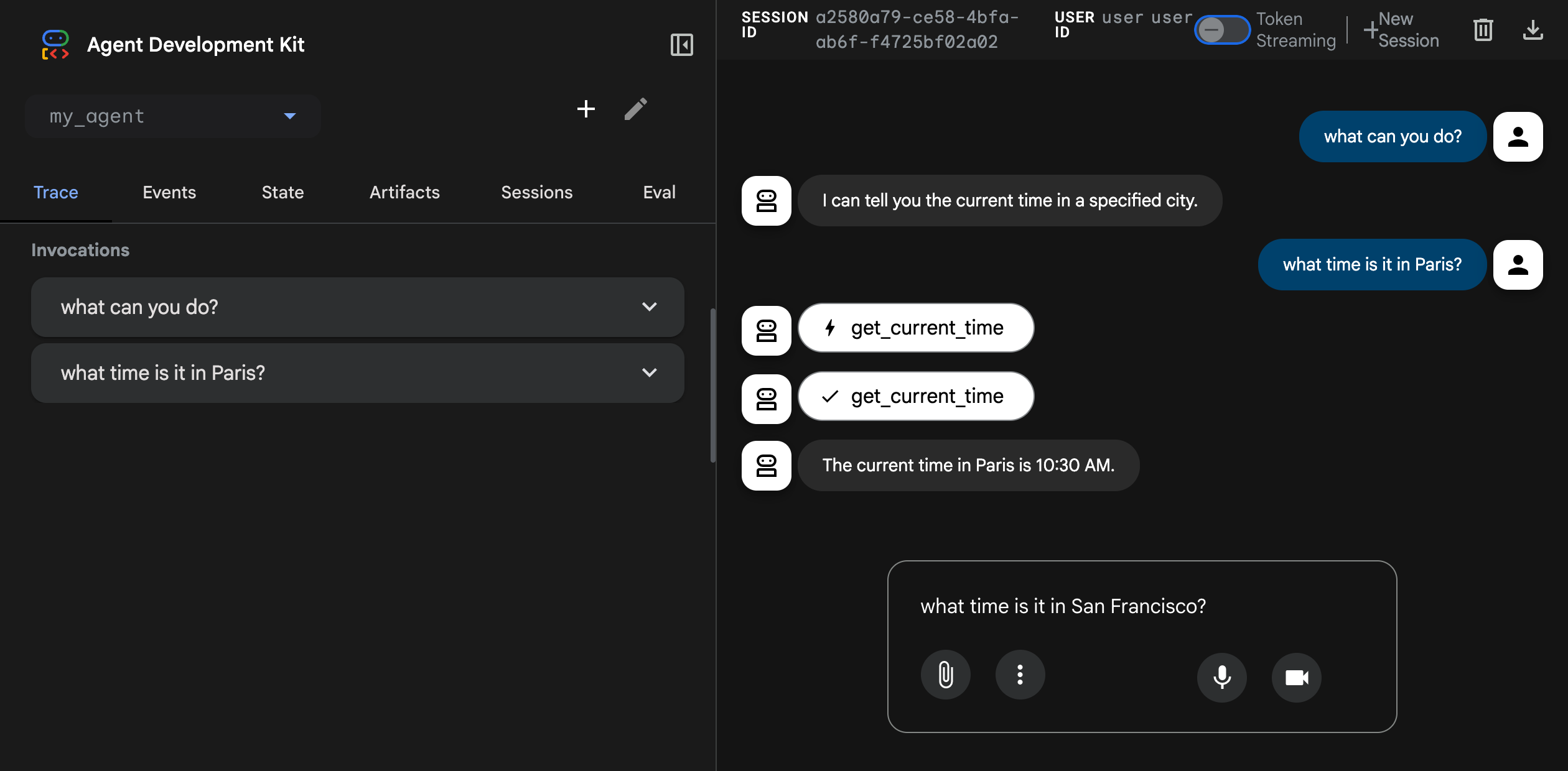 ADK Web Dev UI showing a chat trace